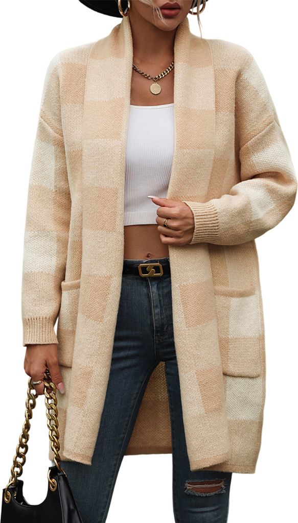 ASKSA Damen Cardigan Karierter Farbblockstrick Produktbild 