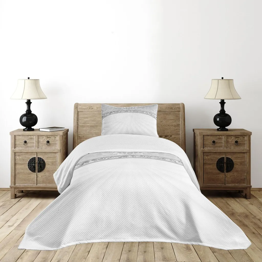 Set copriletto damascato ABAKUHAUS, bordo ondulato con decorazioni barocche astratte, cornice angolare vintage vittoriana, 170 x 220 cm, grigio chiaro bianco