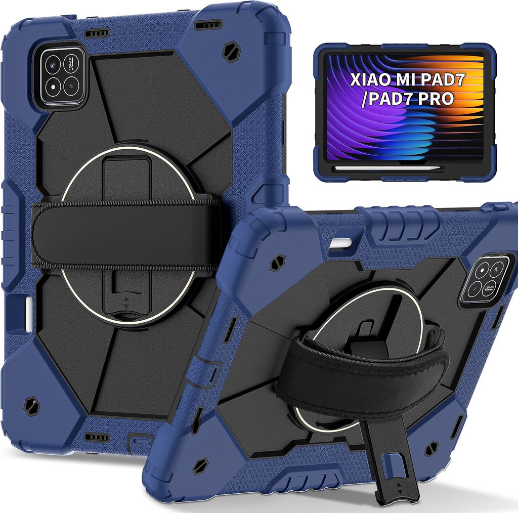 Hülle für Xiaomi Pad 7 / Pad 7 Pro Tablette Schutzhülle Stoßfeste mit 360 Drehbarer Handschlaufe/Ständer Navy Schwarz