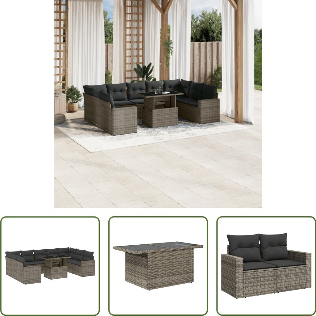 The Living Store 10-tlg. Garten-Sofagarnitur mit Kissen Grau Poly Rattan