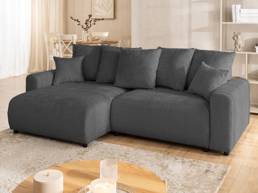Calma - Komfortables Ecksofa im Bumpy-Design mit Schlaffunktion und Bettkasten aus weichem Grau Chenille-Stoff