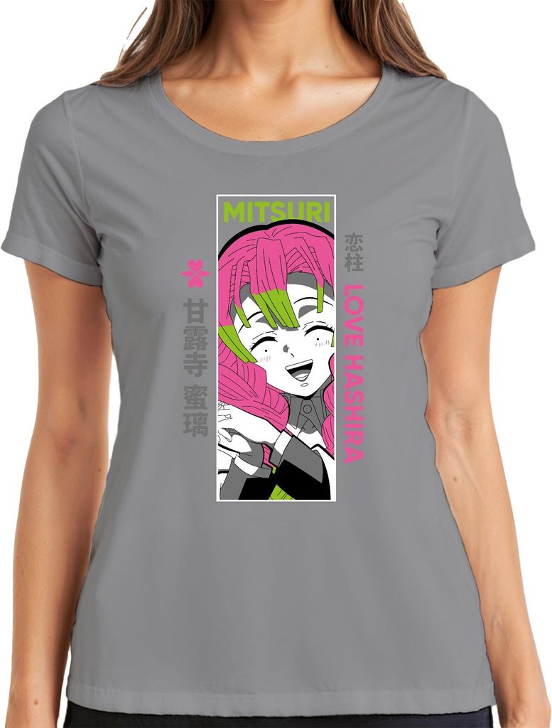 Mitsuri Love Hashira Demon Slayer Anime Geschenk Otaku kawaii Damen T-Shirt, Grau, M