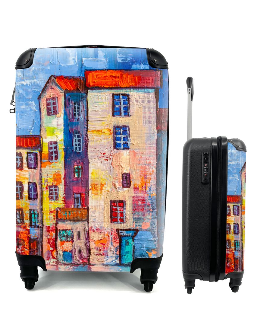 MuchoWow Koffer Handgepäck Trolley Rollkoffer Kleine Reisekoffer mit 4 Rollen - Gemälde - Ölfarbe - Haus - Wasser - Cabin Size < 55x40x23 cm &...