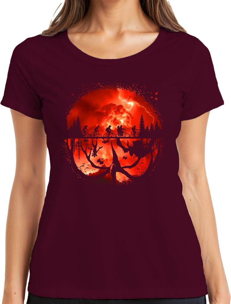 Upside Down Kinder auf Fahrrädern Monster Horror 80er Retro Damen T-Shirt, Burgundy, 3XL