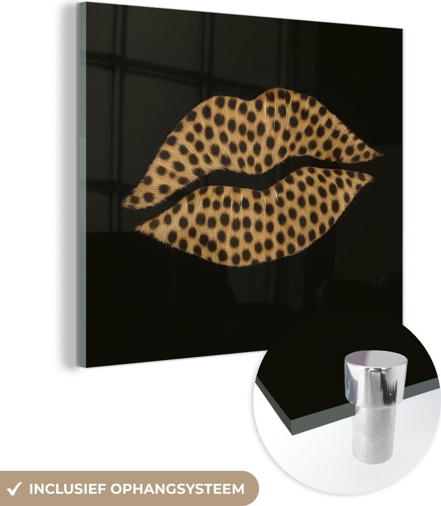 MuchoWow Glasbilder - Bilder auf Wandbild - Foto auf Glas Lippen - Schwarz - Pantherdruck 40x40 cm Wanddekoration aus Glas - Acrylglasbild - Acrylb...