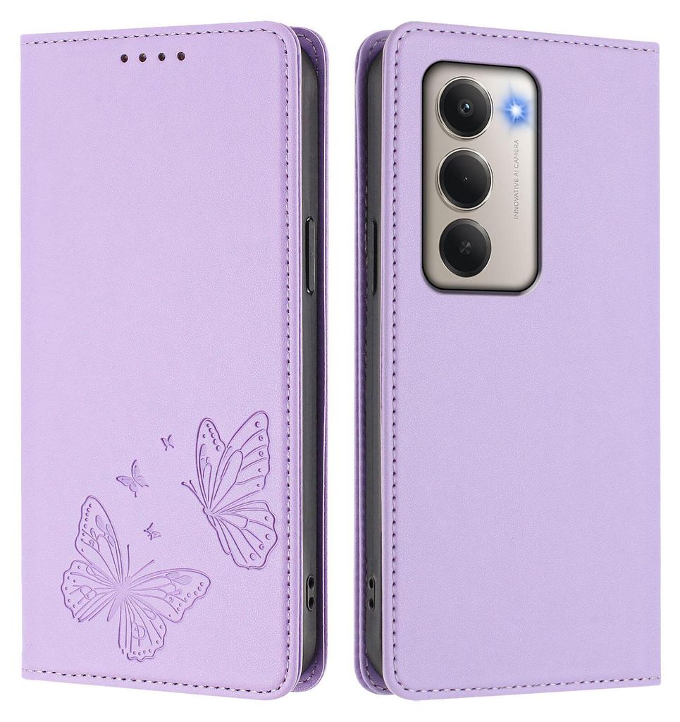 Lederhülle für Xiaomi Redmi 15 5G/4G, Schmetterling Prägung Leder Brieftasche Schutzhülle mit Ständer Violett
