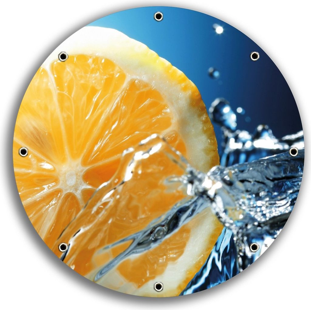 Wallario rundes Outdoor-Poster für Garten oder Balkon, Motiv Orange in spritzigem Wasser vor blauem Hintergrund, 30 cm Durchmesser