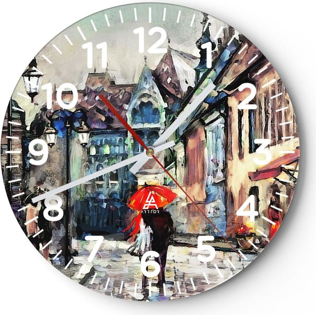 Wanduhr - Rund - Glasuhr - Stadt Straße Haus - 30x30cm - Schleichendes Uhrwerk - Lautlos - zum Aufhängen bereit - Dekoration Modern - Wanddekorat...