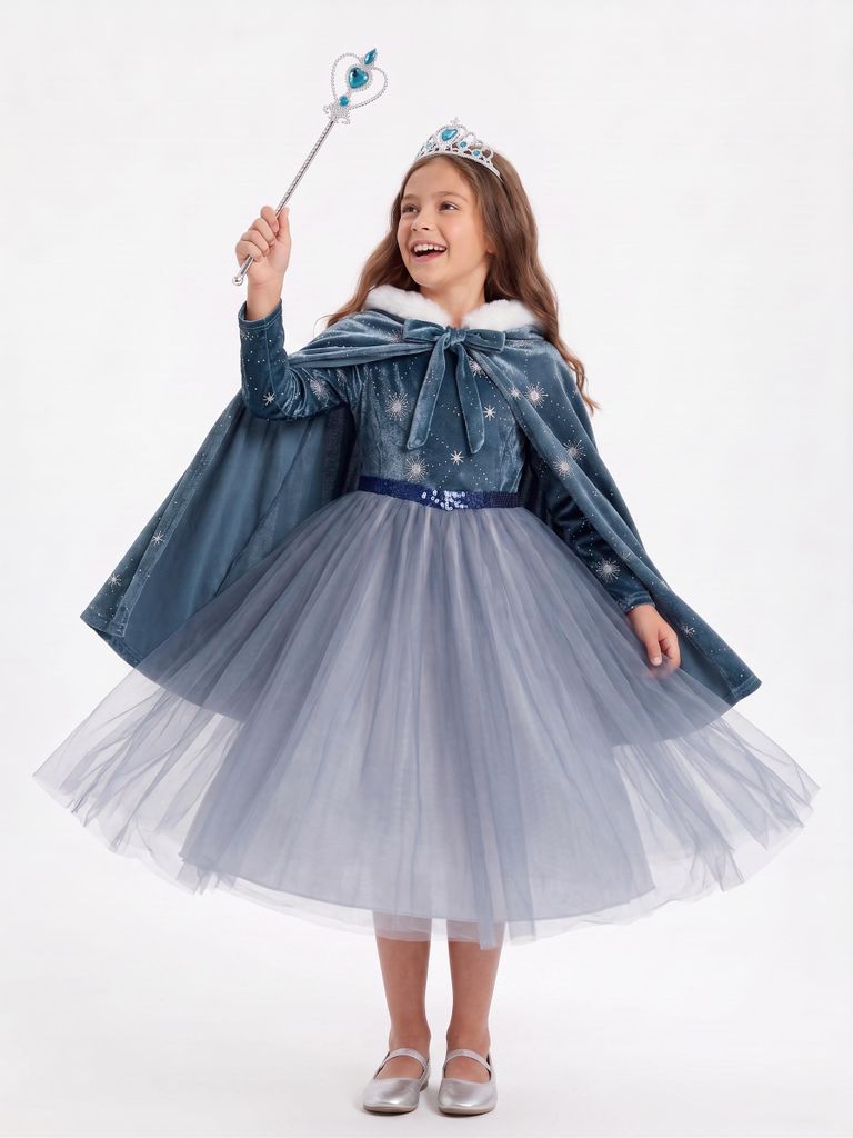 Samt Kinder Prinzessinnenkleid mit Umhang Diadem Zauberstab Produktbild 