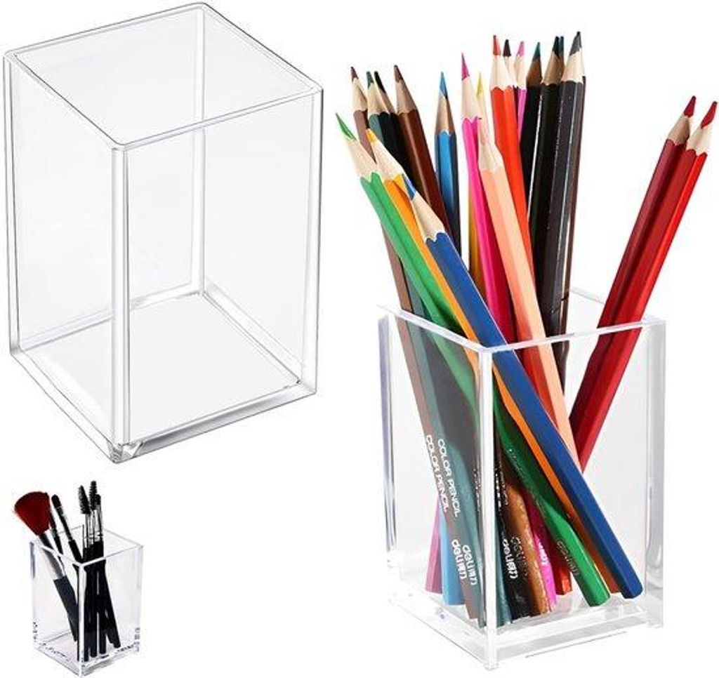Zwei transparente Acryl-Stifthalter für das Büro, vierkante Acryl-Stifthalter für Büro und Schule (7 x 7 x 10,3 cm)
