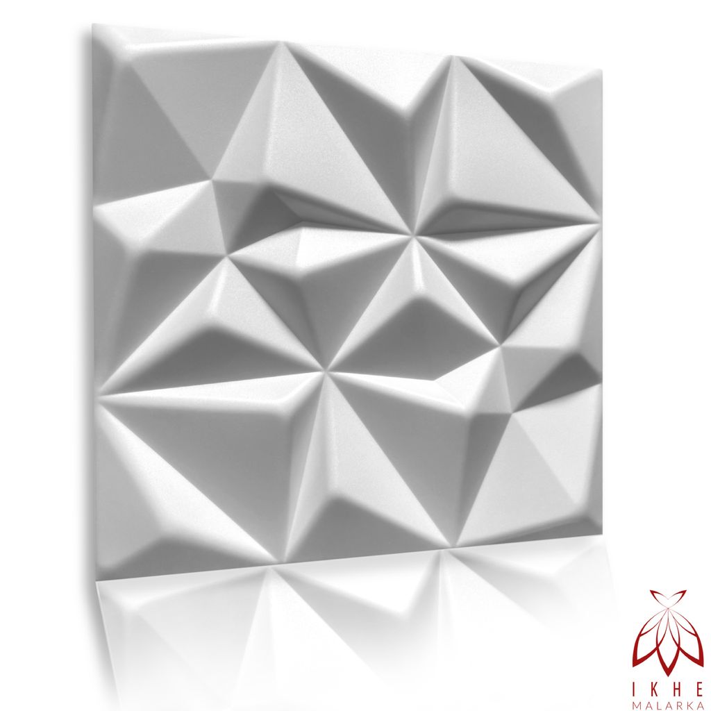 A white 3D wall panel with a geometric, faceted design is shown against a white background, with a reflection below. A small logo is in the bottom right corner.