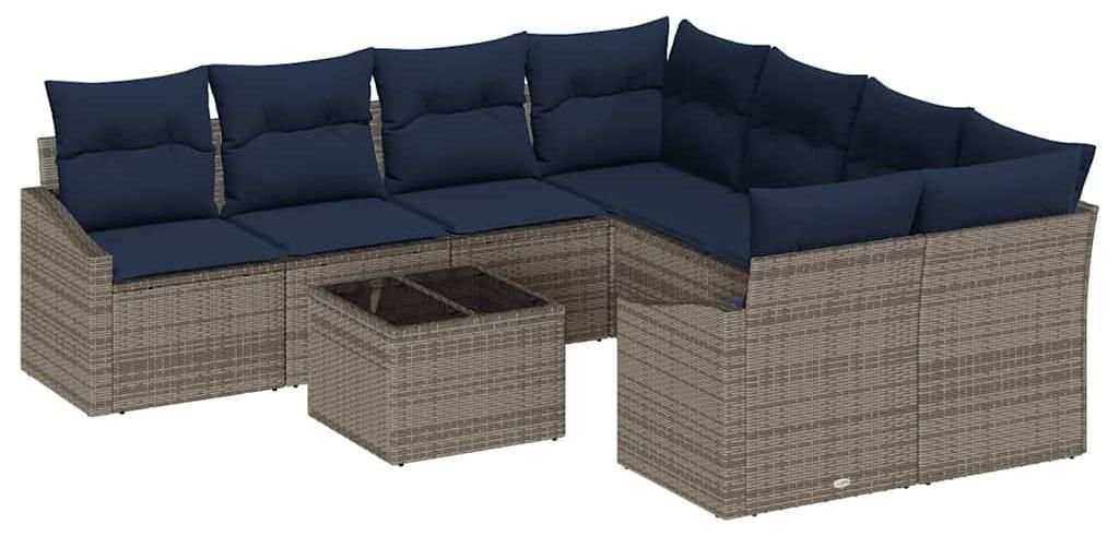 vidaXL Sofa Set mit Kissen 9 pcs Grau und Marineblau Poly-Rattan
