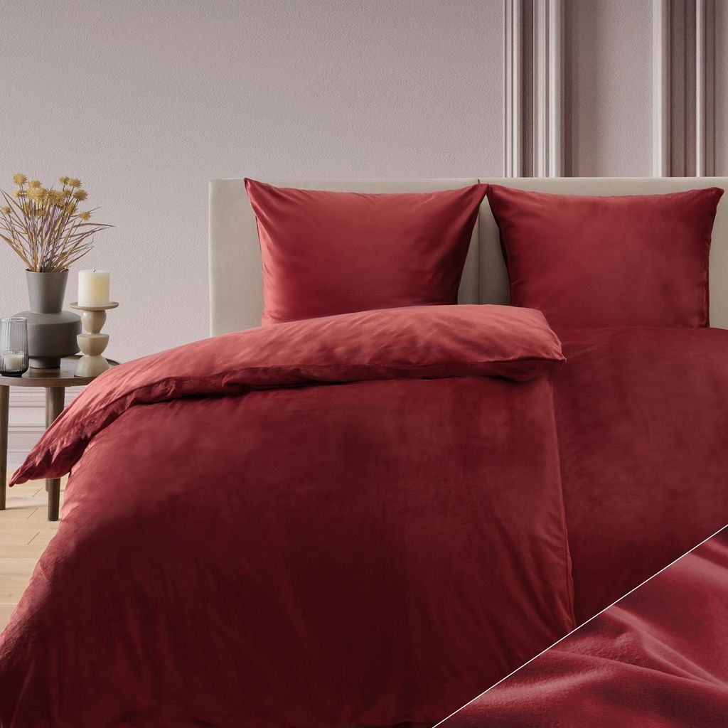 Blumtal Bettwäsche 2x 135x200 & 2x 80x80cm Cashmere-Touch Plüsch in Dunkelrot