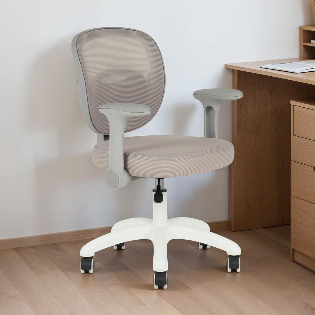 Kinderdrehstuhl AMELIA höhenverstellbar mit Armlehnen in grau & beige - Ergonomischer Kinder-Schreibtischstuhl mit Mesh Rückenlehne & weißes Fu...