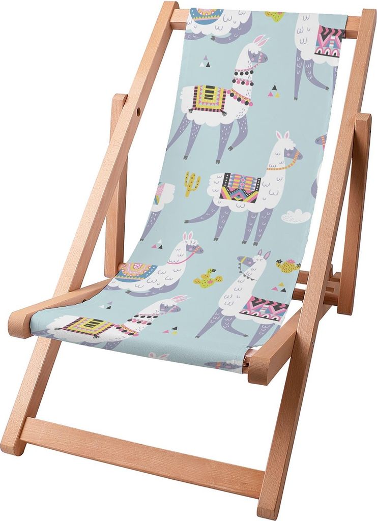 A wooden deck chair with a fabric seat featuring a pattern of llamas and cacti.