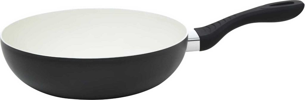 A black wok with a white interior and a black handle, shown against a white background.