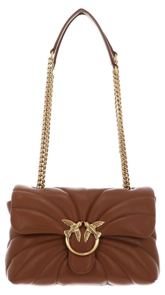 PINKO Leder Umhängetasche Schultertasche Love Puff Mini CL Sheep Nappa Quilt Brown - Lion - Antique Gold hellbraun