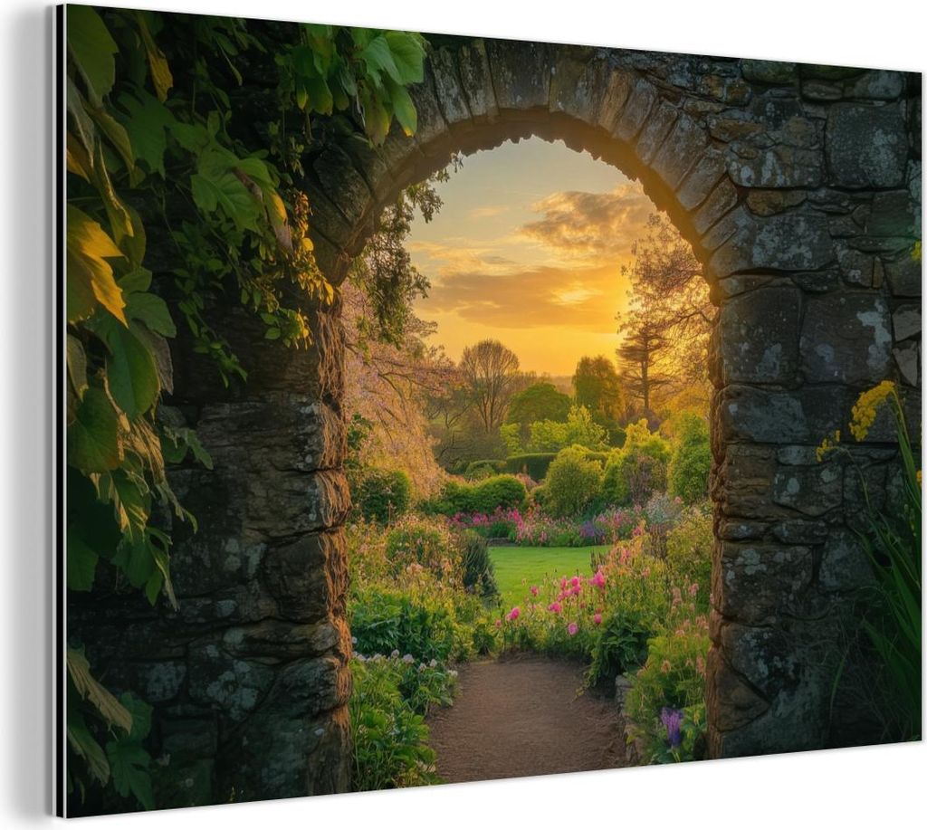MuchoWow Wanddekoration Metall Metallbild Wandkunst 30x20 cm Tor - Pflanzen - Sonnenuntergang MuchoWow Aluminium Gemälde - Aluminiumgemälder