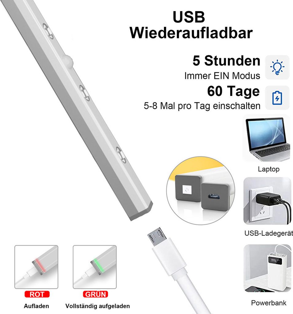 Luce LED Sottopensile Homefire Con Sensore Di Movimento: Ricaricabile USB, 3 Colori E Luminosità Regolabile (30cm, 1500mAh) Per Cucina, Armadio, Corridoio - 5