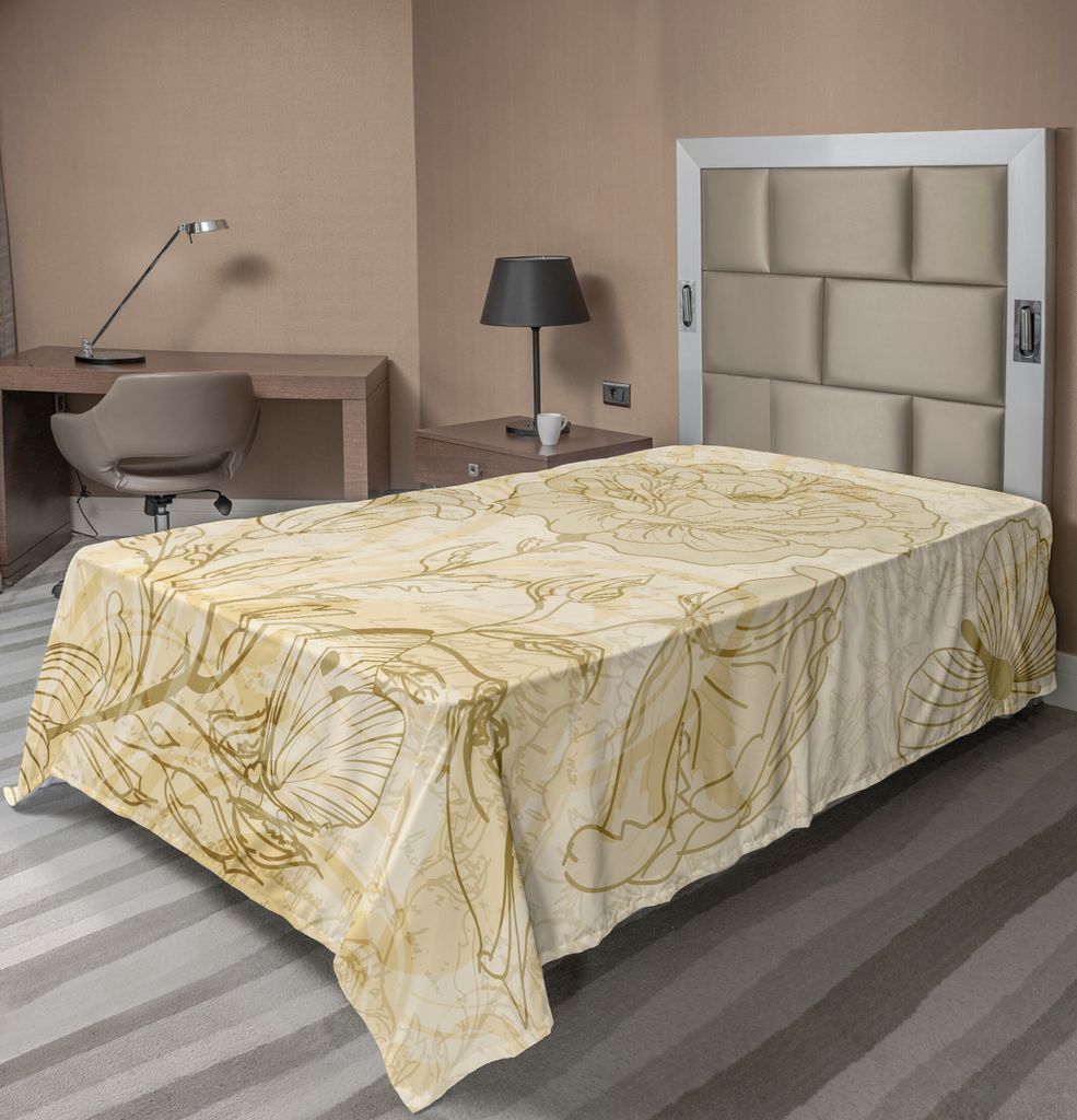 ABAKUHAUS Beige Bettlaken, Sortierte Blühende Rosen Und Schmetterlinge Springen Auf Grungy Hintergrund Retro, weiches bequemes oberes Bettlaken f...