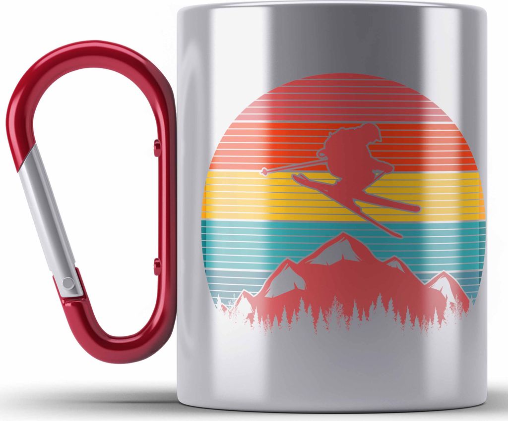 Trendation - Ski Edelstahl Tasse Karabiner Geschenk Grafik Geschenkidee Skifahrer Geschenk Winter Berge (Rot)