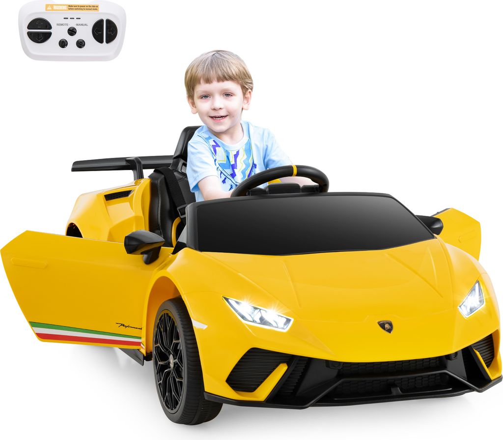DREAMADE Lamborghini Kinder Elektroauto, 12 V Batteriebetriebener Elektrischer Fahrzeug mit Fernbedienung, LED-Leuchten, Musik, Sanftem Start, Gelb