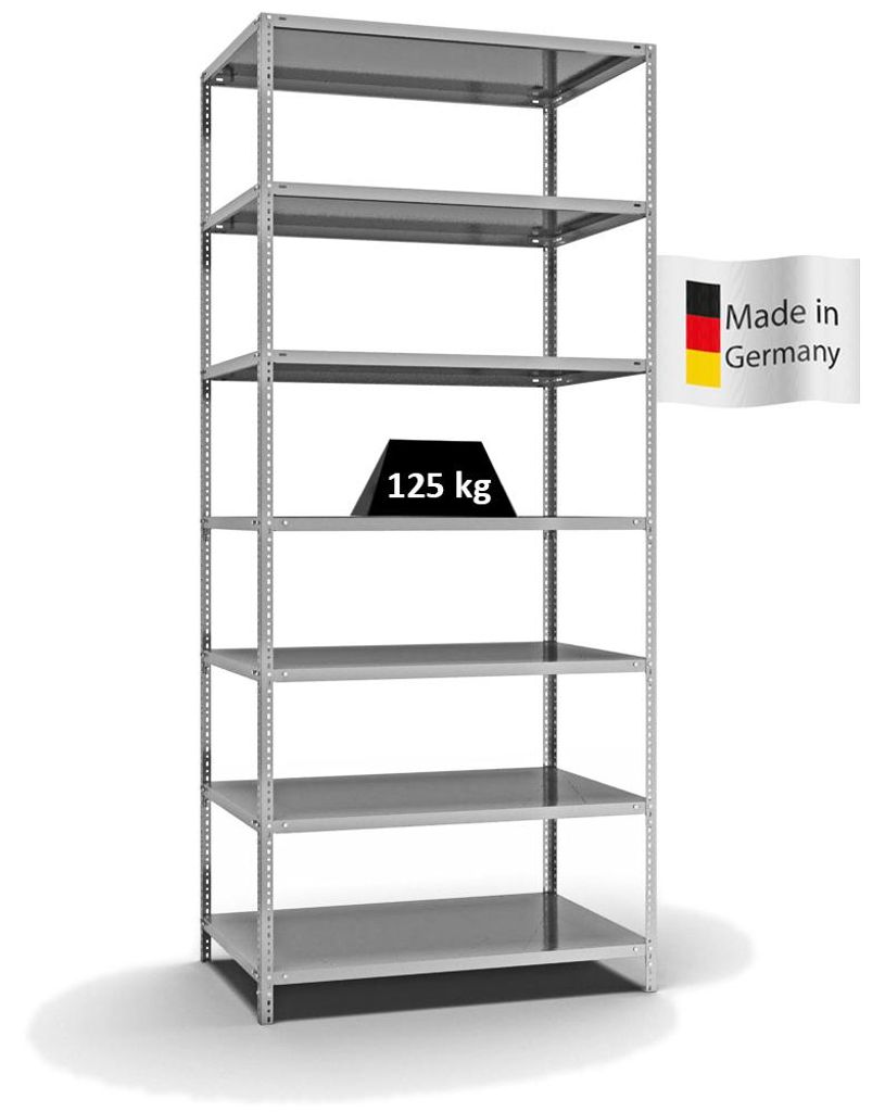 PROREGAL Fachbodenregal Schraubsystem MAGNUS Germany | HxBxT 300x130x80cm | 7 Ebenen | Fachlast 125 kg | Beidseitig nutzbar | Verzinkt