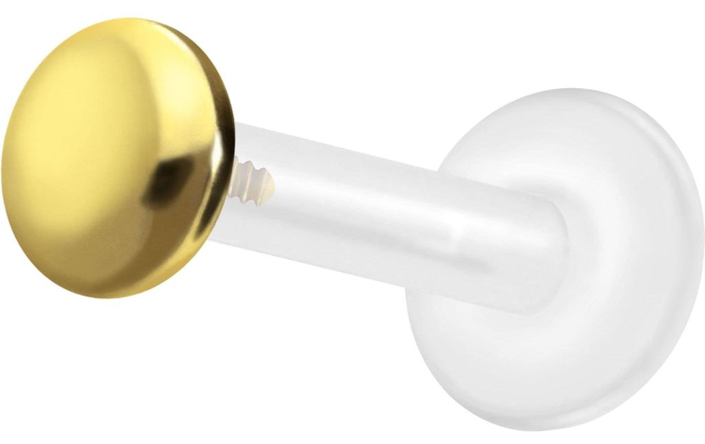 Ohrpiercing, Nasenpiercing PTFE Labret mit Innengewinde + Titan-Aufsatz FLACH Gold Stablänge: 10mm | Stabstärke: 1,6mm | Discgröße: 4mm