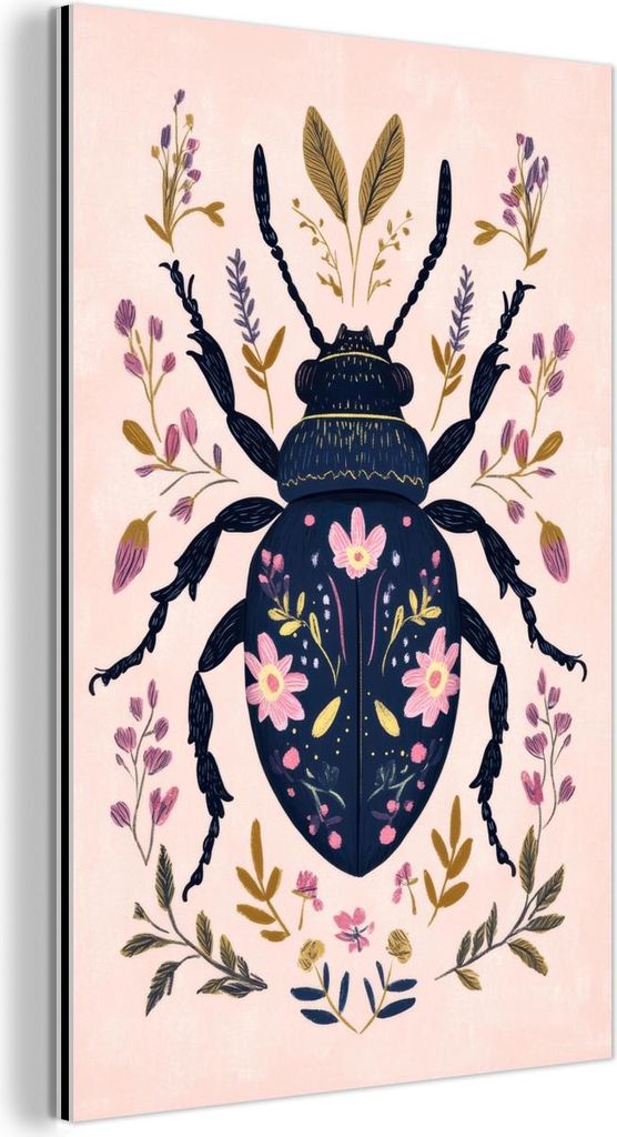 MuchoWow Wanddekoration Metall Metallbild Wandkunst 20x30 cm Dunkelblau - Käfer - Blütenzweige - Zierpflanze MuchoWow Aluminium Gemälde - Alu Di...