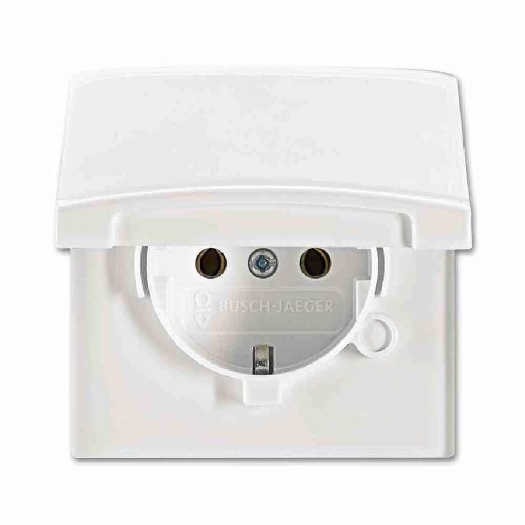 A white electrical socket with a flip-up cover.