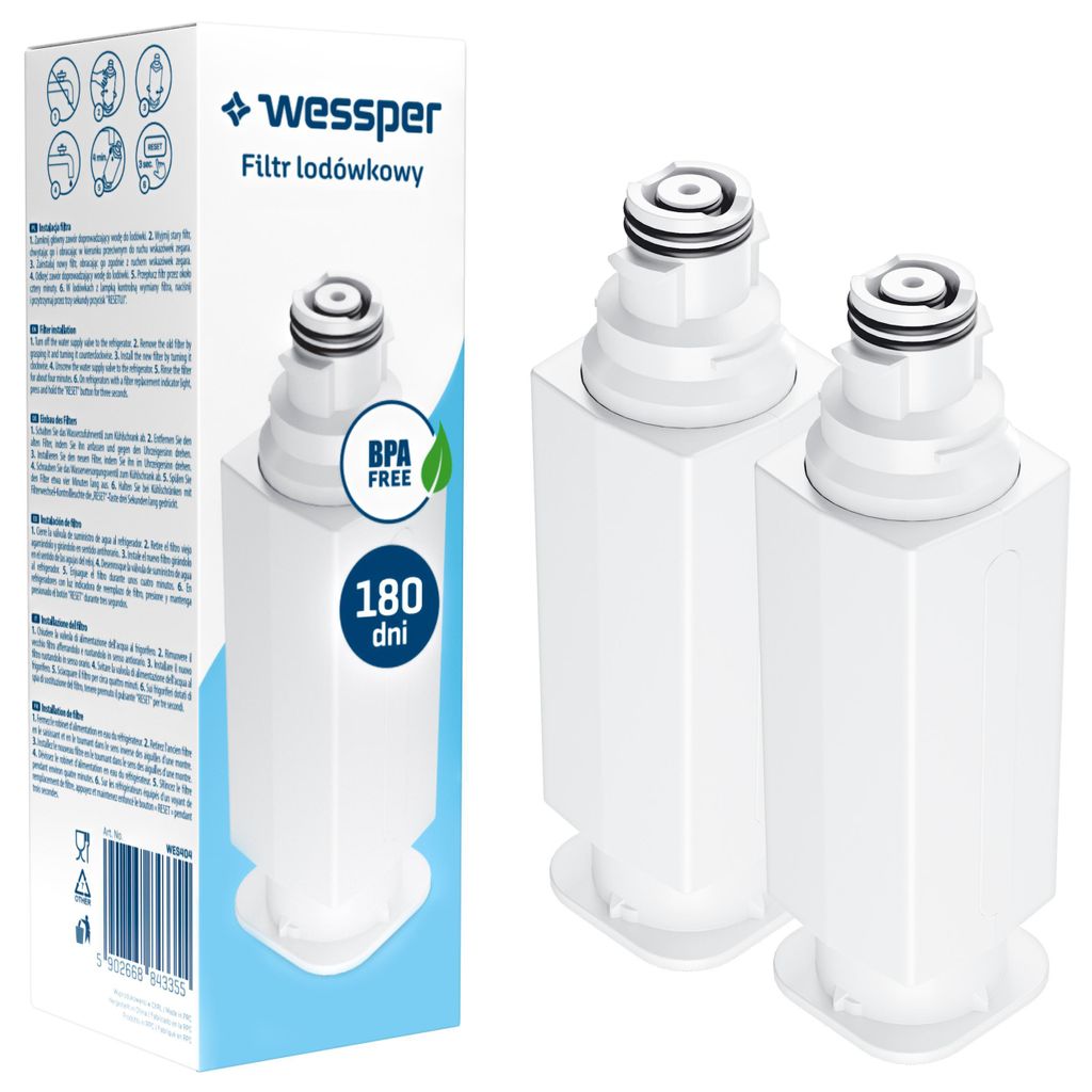 A product shot of two refrigerator water filters and their packaging.