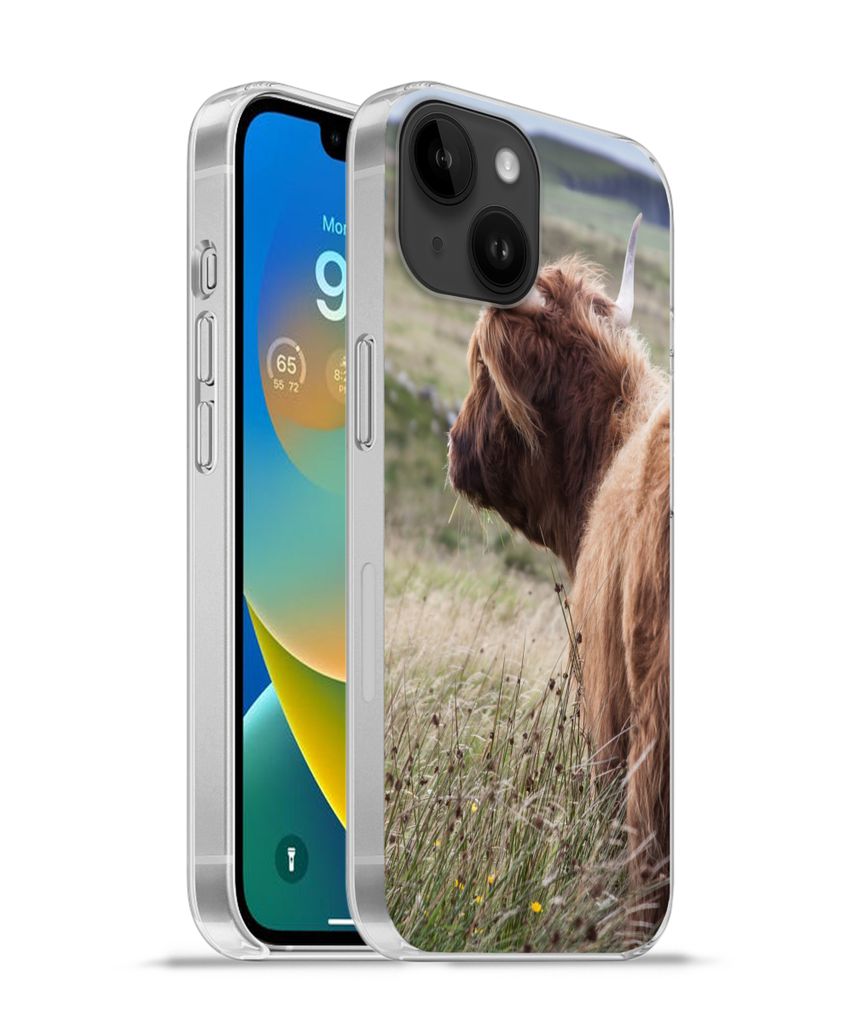 MuchoWow Handyhülle Schutzhülle Hülle für Apple iPhone 14 - Softcase Schottische Highlander - Natur - Meer Silikon Softcase Handy Hülle - Mo...