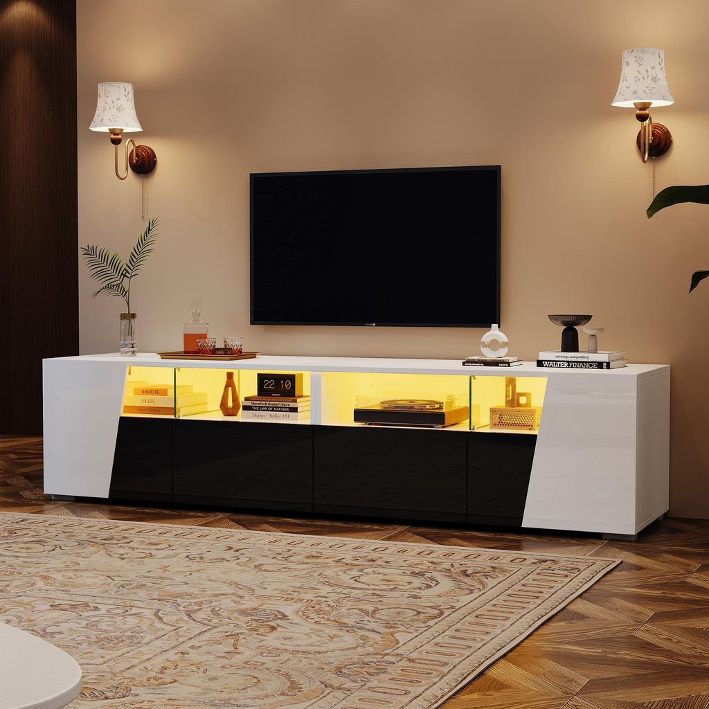 Merax Hochglanz TV-Schrank mit LED-Beleuchtung, modernes TV-Board mit 2 Schubladen und 2 Türen, TV-Ständer mit App-Steuerung, für bis zu 80 Zoll...