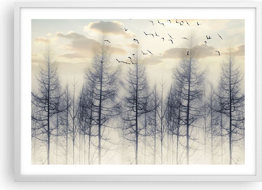 Gerahmtes Poster - Weißer Rahmen - Bäume Vögel Himmel - 70x50 cm - Wand Bild - Wanddeko - Wandbilder - Kunstposter - Wandposter - Bilderrahmen -...