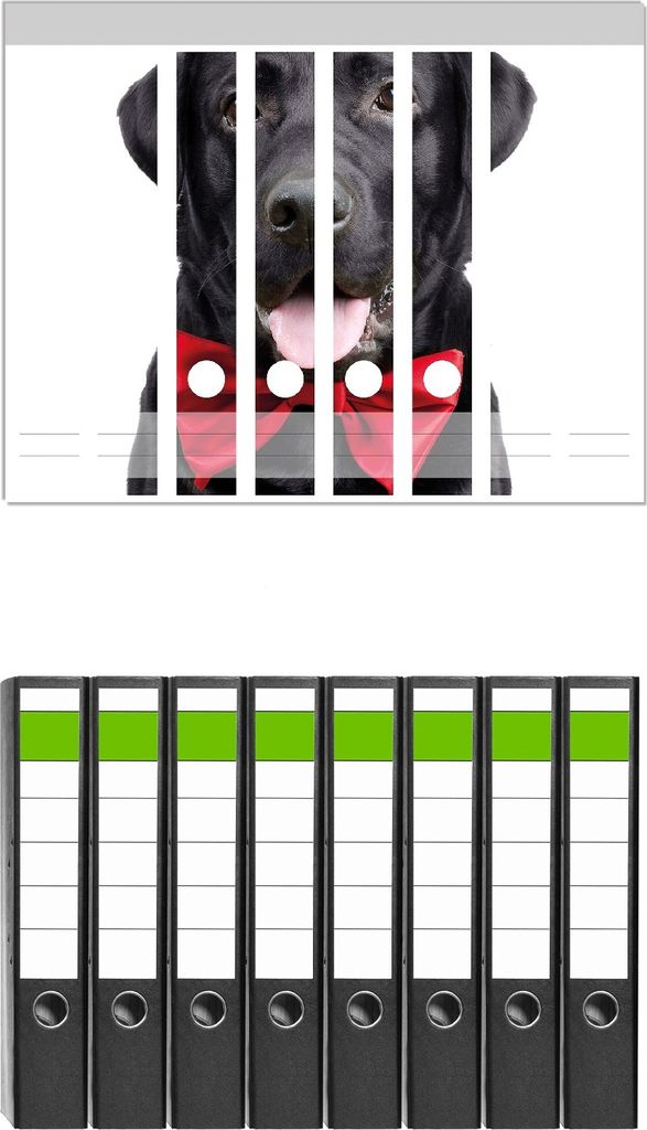 Wallario 8 Stück schmale Ordner inkl. Klebeetiketten mit Motive Schwarzer Labrador Retriever mit roter Fliege und Mütze - Set mit Rückenschilde...