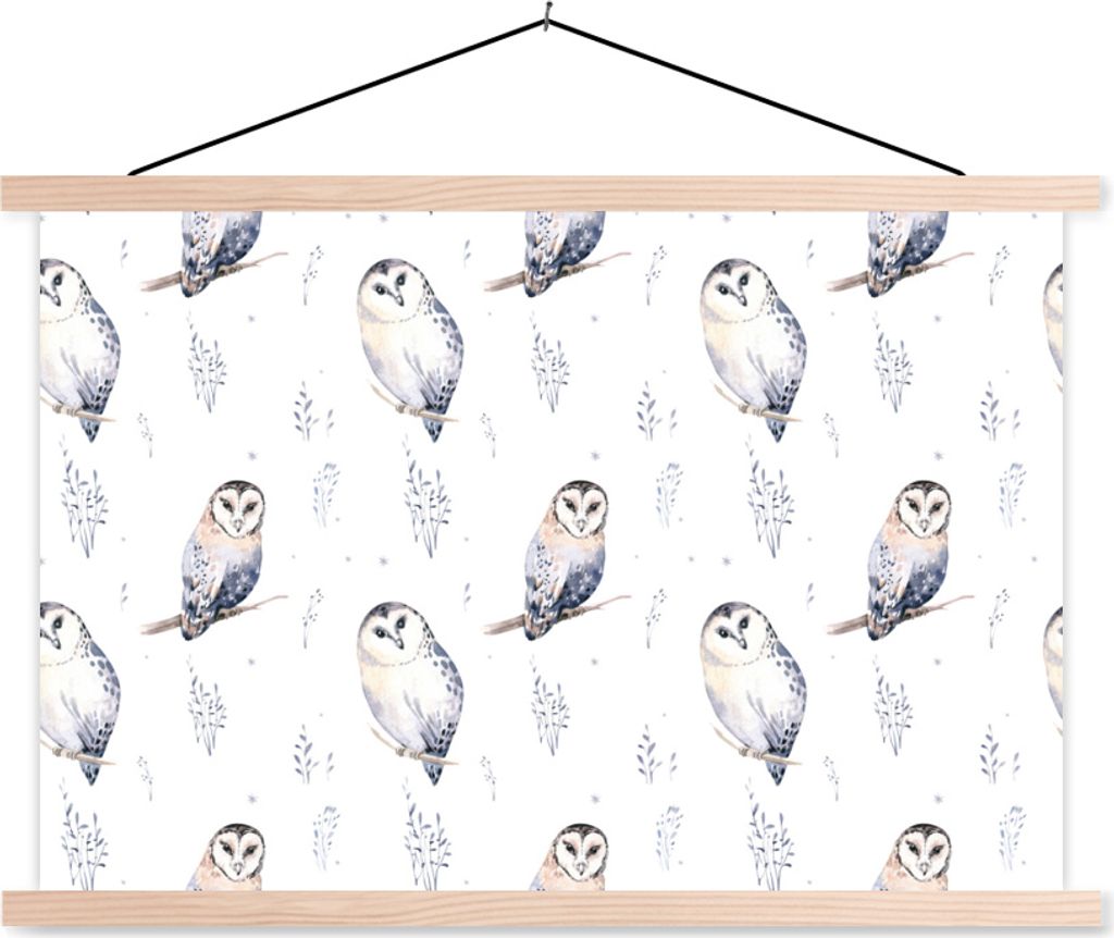 MuchoWow Textilposter Winter - Eule - Weiß 150x100 cm mit holzfarbenen Rahmen - Posters