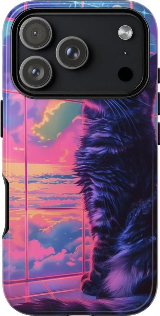 Lofi-Vaporwave-Katze vor Neonhimmel – Hülle Kompatibel mit iPhone 17 Pro