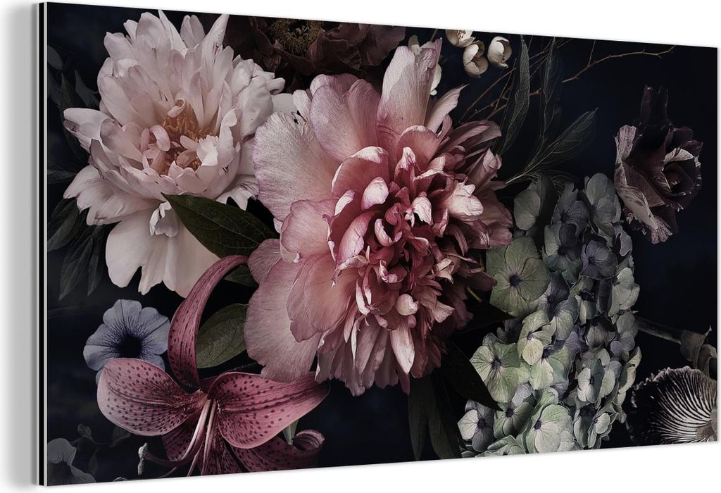 MuchoWow Wanddekoration Metall Metallbild Wandkunst 80x40 cm Blumen - Vintage - Pastell - Rosa - Weiß MuchoWow Aluminium Gemälde - Wanddekoration...