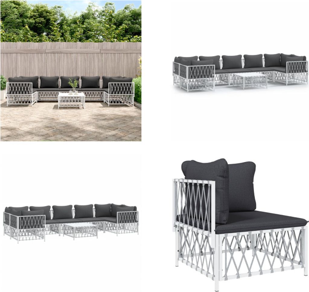 vidaXL 8 tlg. Garten Lounge Set mit Kissen Weiß Stahl - Garten Lounge Set - Garten Lounge Sets - Lounge Set - Gartenmöbel Set