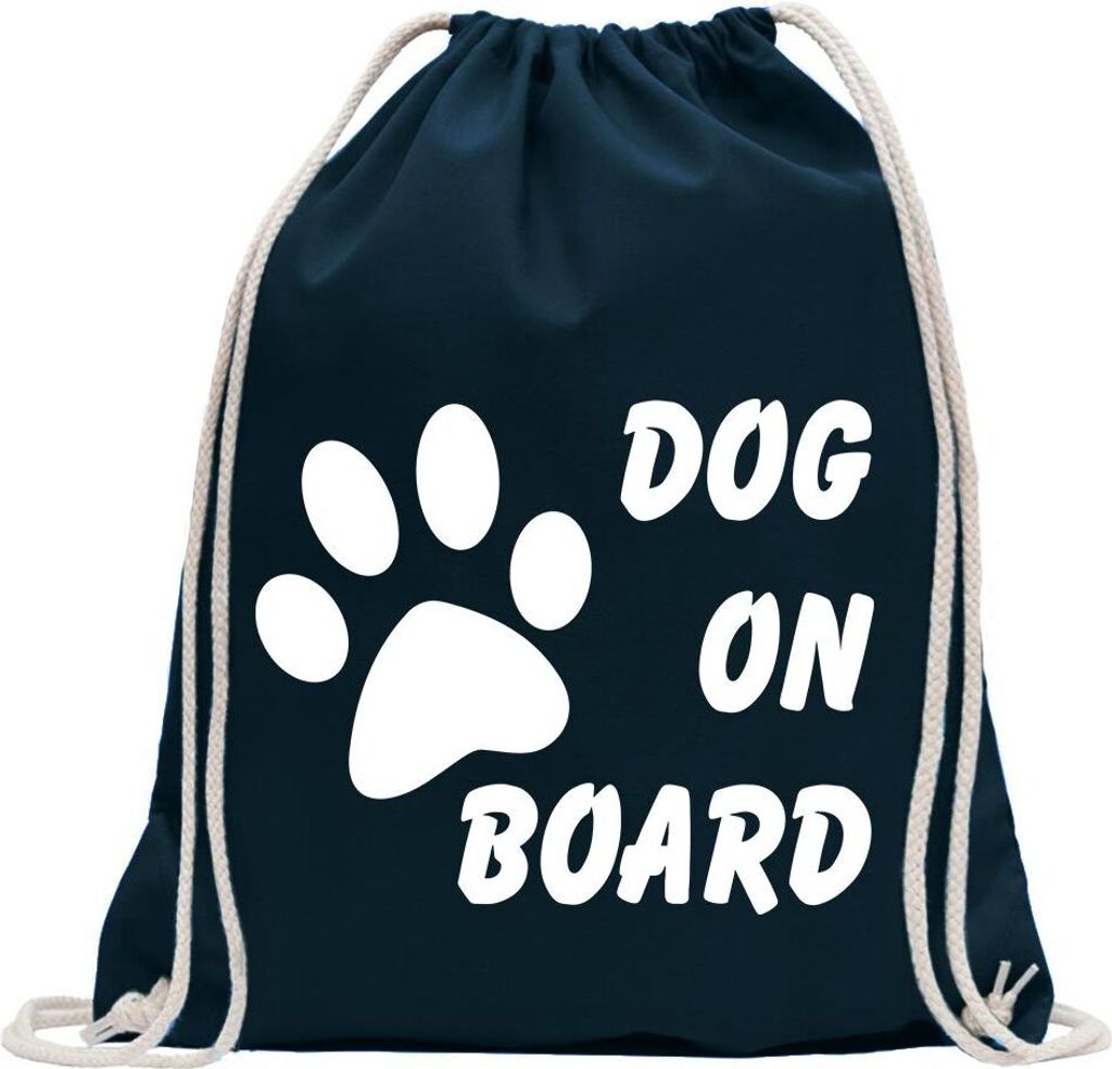 Kiwistar - Turnbeutel - dunkelblau - Dog on Board - Fun Rucksack Sport Beutel Gymsack Baumwolle mit Ziehgurt