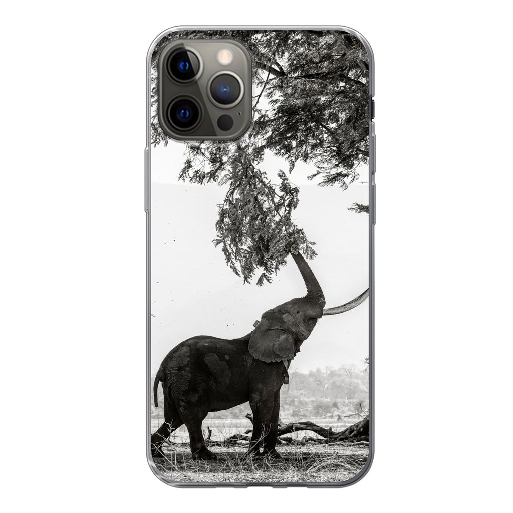 MuchoWow Handyhülle Schutzhülle Hülle für iPhone 12 Pro Elefant - Baum - Tiere - Schwarz und weiß Silikon Softcase Handy Hülle - Abdeckung
