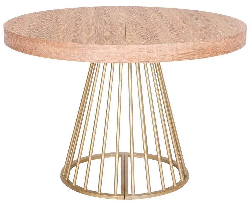 Table à manger ronde extensible 120cm bois clair et métal doré Soare