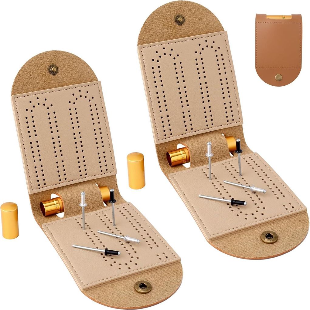 2 Cribbage Brettspiel Set, Tragbares Faltbares PolyurethanMini 2-Spur Cribbage Brett mit 8 Metallstiften und 2 Aufbewahrungsfächern Ideal für Fam...