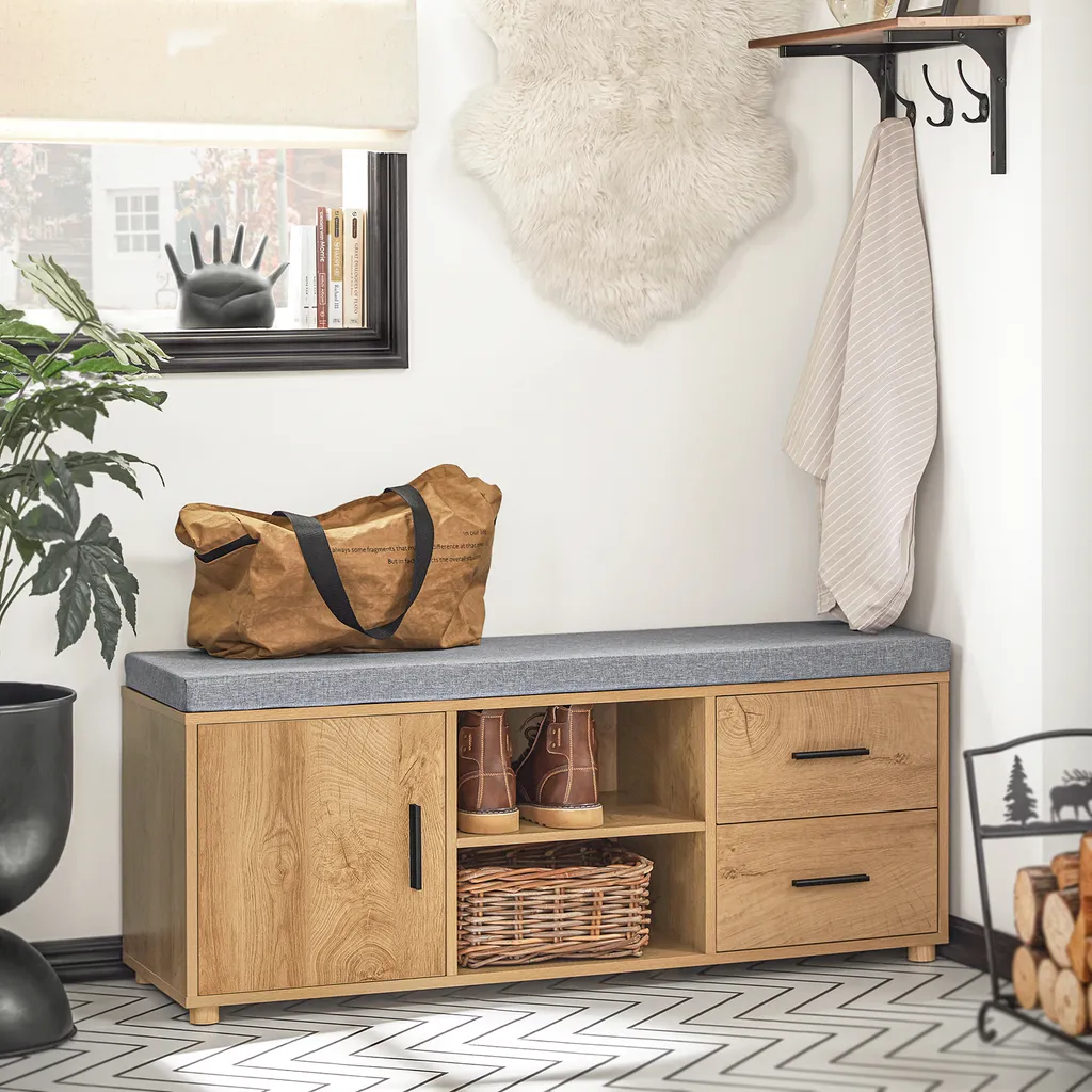Banc à Chaussures avec Espace de Rangement et Abattant Naturel