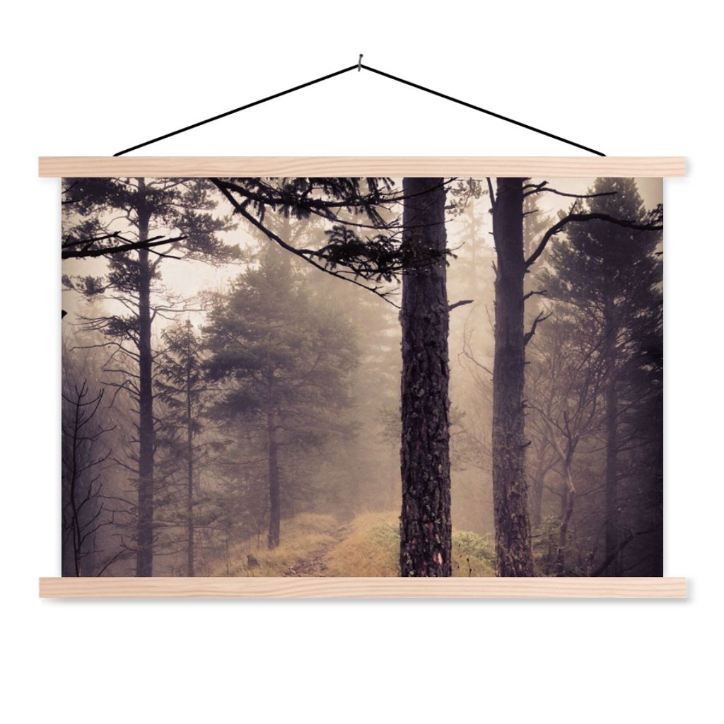 MuchoWow Textilposter Nebel - Herbstdekoration - Natur - Wald 60x40 cm mit holzfarbenen Rahmen - Bilder