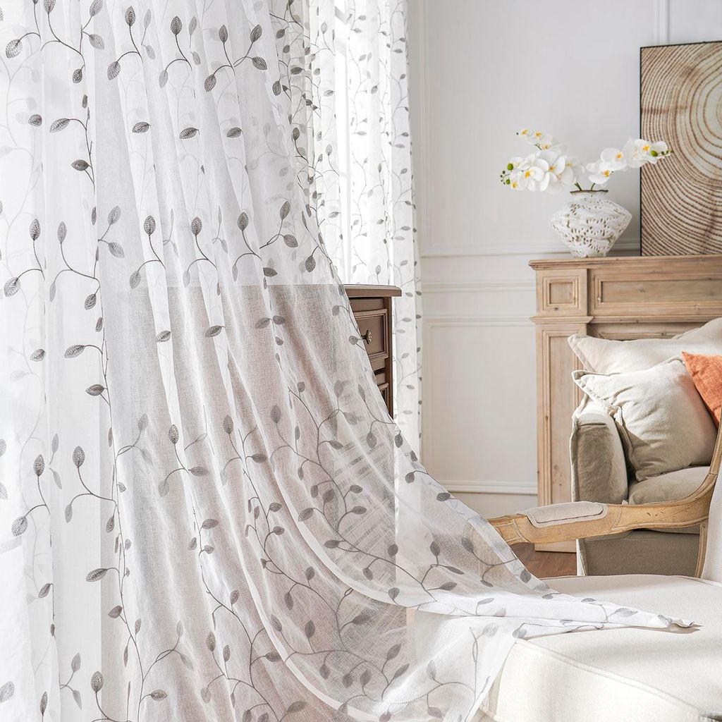 2 Stück Vorhänge Transparent Voile mit Blätter Stickerei Stangendurchzug Gardinen Dekoschal für Wohnzimmer Schlafzimmer, B140xH215cm, Grau