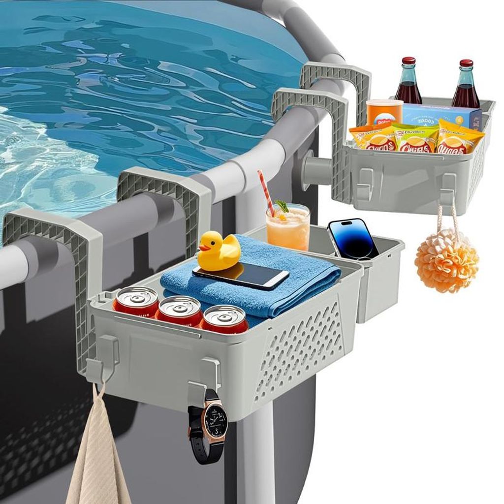 Pool Aufbewahrungskorb für Aufstellpools einhängbar mit Stange Getränkehalter 22,7kg stabil Kunststoff Organizer für Poolrand Garten Camping
