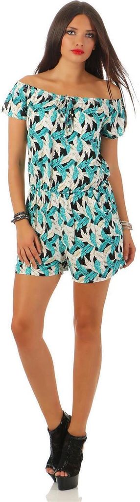 Damen Off-Shoulder Overall Jumpsuit Playsuit Schulterfrei, Grün/S/M