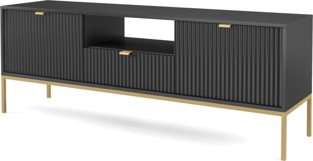 DomoHome Geriffelt TV-Schrank NOVA Goldgriffe 2 Türen Schublade und Ablage Fernsehtisch für Wohnzimmer oder Schlafzimmer 154x56x39cm Gerillte Fro...
