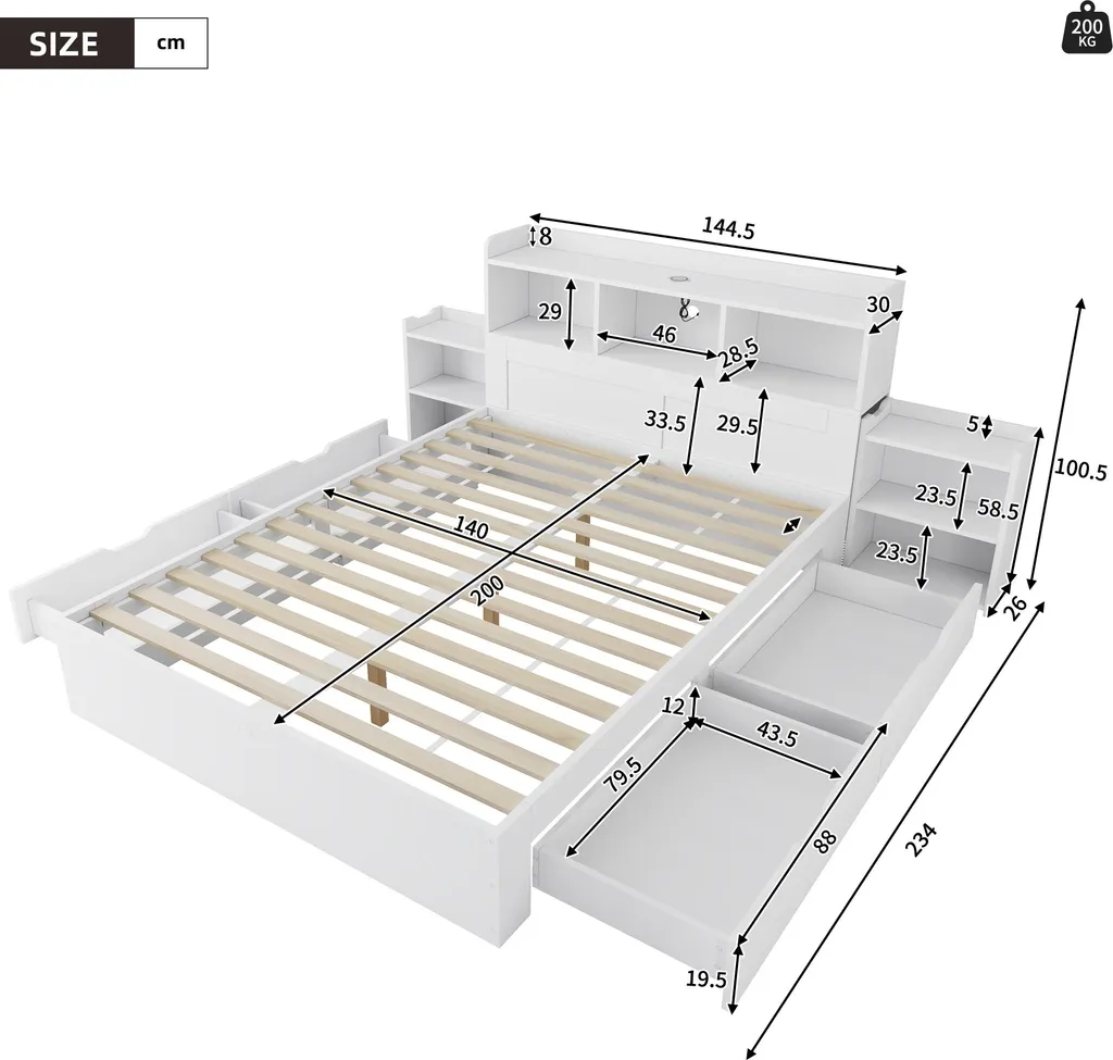 Lit avec rangement 140x200 cm et ports de charge USB blancs - 7